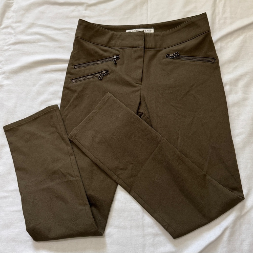 Veronica Beard 4 Olive Green Ankle Crop Pants ~ Stretch Zip Pockets Classic